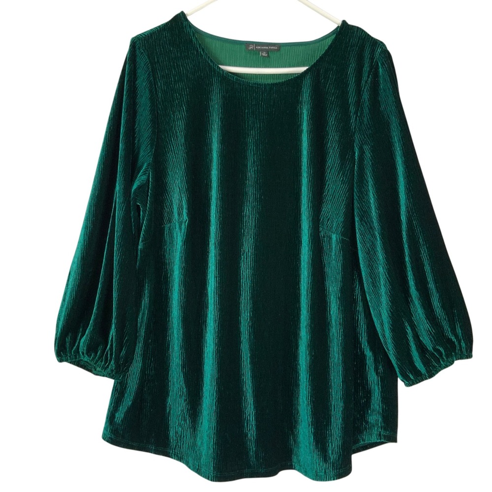 Adrianna Papell Green Pleated Velvet Ribbed Blouse 1X Round Neck 3/4 Puff Sleeve